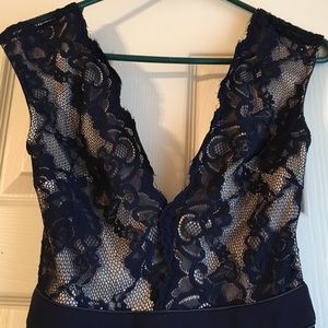 Navy Lace Top Maxi Dress with Cap Sleeves